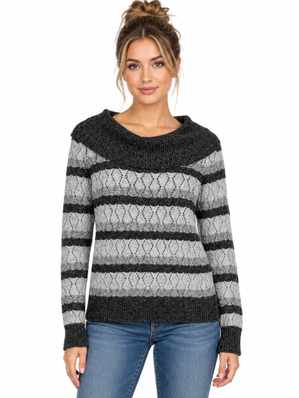 Carolyn Taylor Women’s Large Gray Black Striped Knit Sweater Cowl Neck Grunge